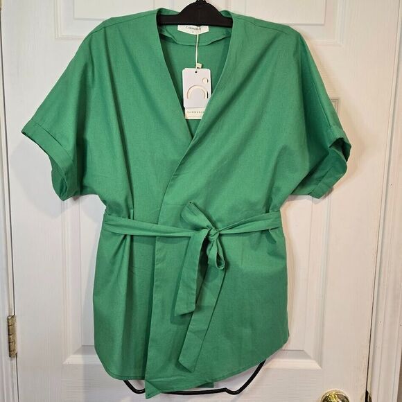 Commense Short Sleeve Linen Blend Tie-Waist Wrap Top Size Small Kelly Green NWT - Picture 1 of 7